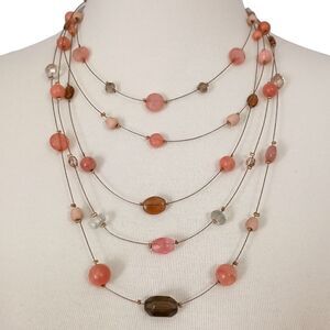 CHICOS Floating Glass Bead Necklace Station Multi Strand Neutrals Y2K Coastal.